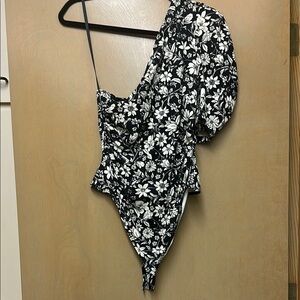 Free People Black and White Bodysuit Floral Design